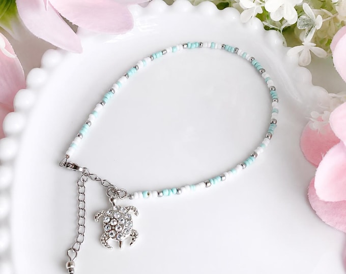 Turquoise anklet with silver bead and turtle
