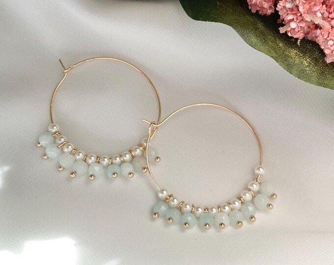 Hoop earrings with a cascade of amazonite stones and freshwater pearls