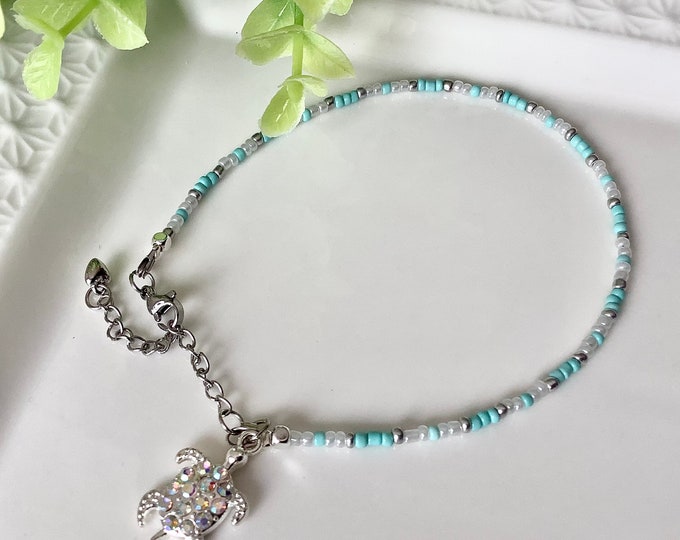 Turquoise silver bead ankle bracelet with turtle