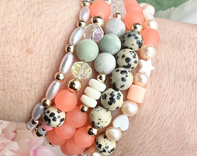 Bracelet  ajustable – Jaspe Peace & perles d’eau douce, bracelet couleur papaye et vert