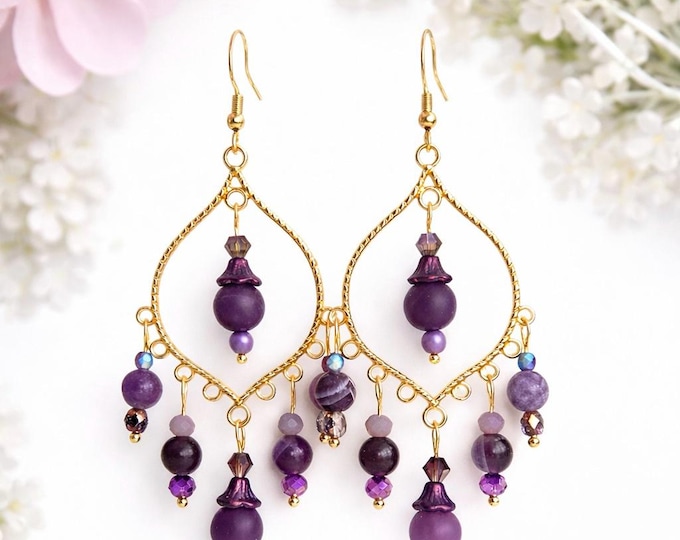 Boucle oreille  améthyste mat et brillant pour femme chandelier