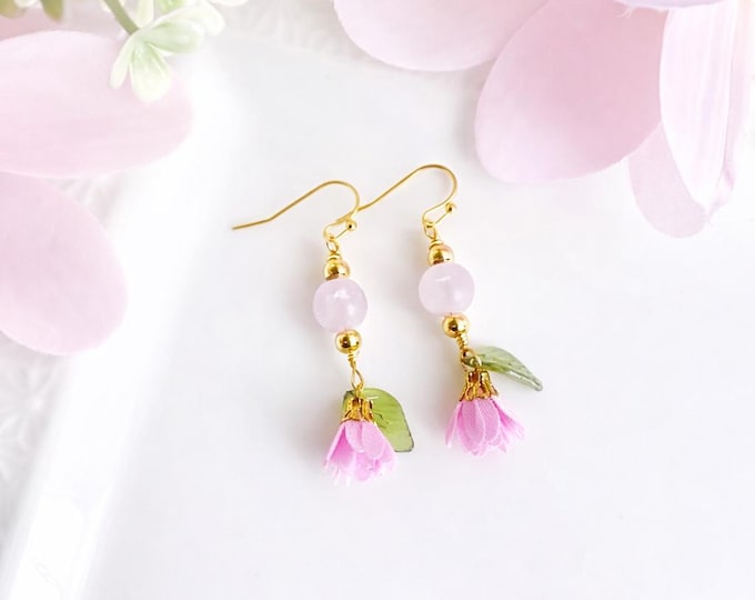 Boucle oreille floral pastel fait main – bijoux printanier perles pastel fleurs – bracelet romantique printemps – cadeau femme délicat