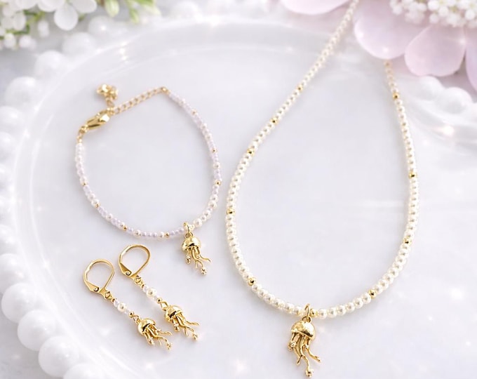 Bijoux méduse, collier perles femme, bracelet perles, bijoux delicat, cadeau femme, bijoux romantique, ensemble bijoux,  bijoux ocean Plage