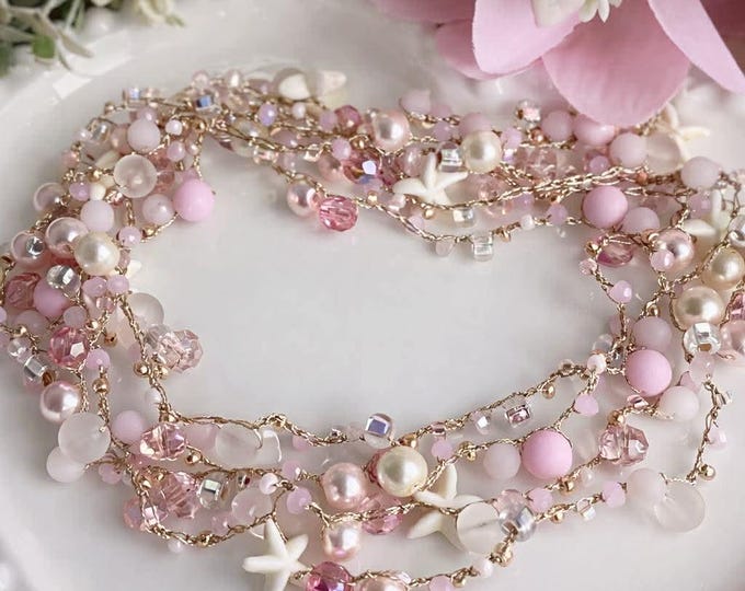 Collier  au crochet avec pierre aventurine rose et quartz