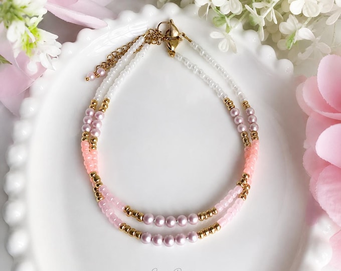 Bracelet de cheville rose, perles nacrées roses, bijou de cheville bohème, cadeau femme, bracelet été, cheville ajustable