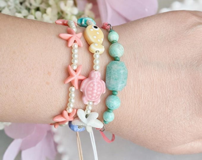 Trio bracelets été coquillage | Bracelet ajustable fait main | Bijoux plage bohème | Bracelet perles | Cadeau femme | aussi porté cheville