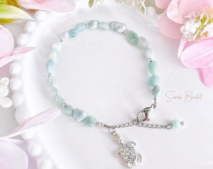 Bracelet cheville amazonite avec tortue argent