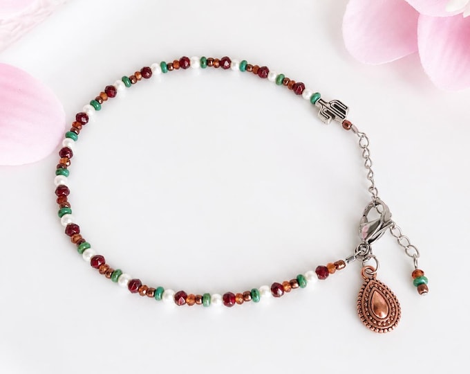 Bracelet cheville perles de verre turquoise, rose corail, blanc, bijoux boho chic collection Essence Brute