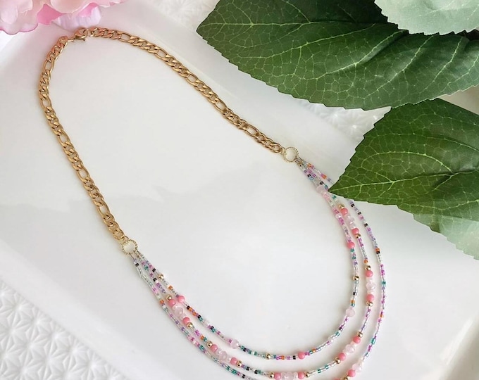 Collier triple rang avec perles fine Miyuki et corail avec chaîne en or acier inoxydable