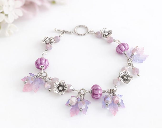 Bracelet  printemps rose violet feuille d’érable