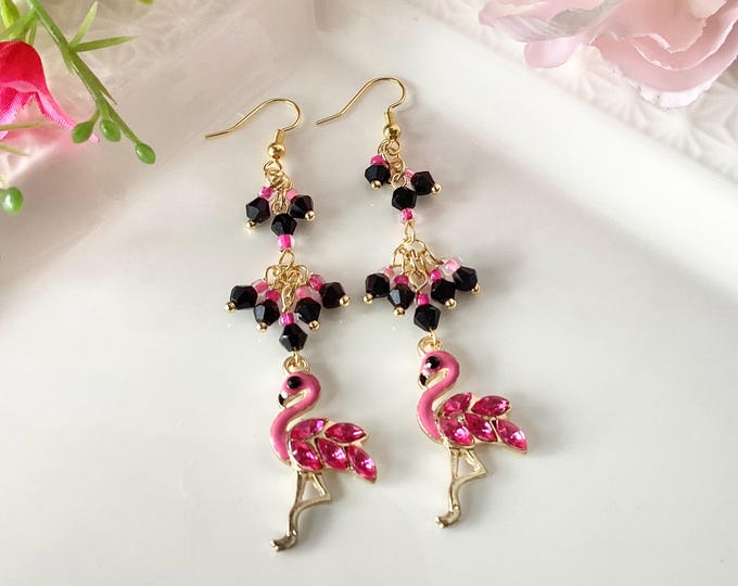 Boucles d’oreilles flamants roses en acier inoxydable avec cascade de perles