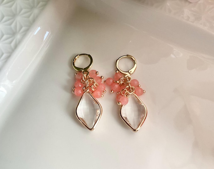 Crystal earrings and cascade of cherry quartz pearls