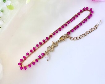 Zircon buckle ankle bracelet with fuschia pink crystal chain