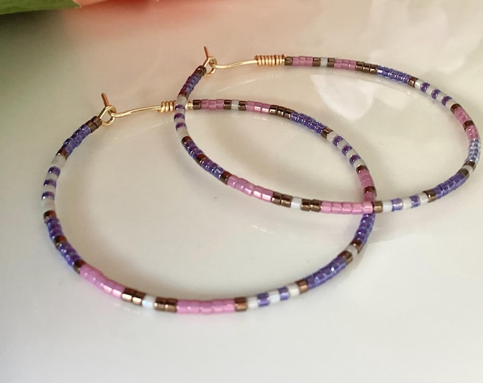 Women's pearl hoop earrings, blue, pink, purple hoops