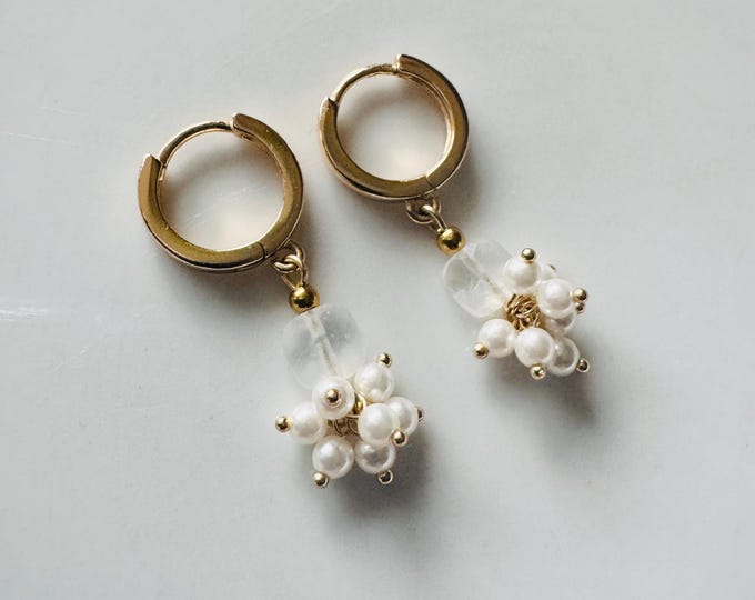 Mini pearl hoop earrings, women's earrings in 14 carat gold plated, with rhodium coating for protection and extra shine