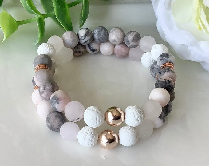 zebra jasper, exotic jasper, porcelain jasper, gray and white peach pink jasper bracelet, tassel bracelet, elephant charm bracelet