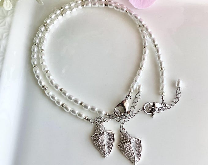 Bracelet cheville perle argent avec coquillages