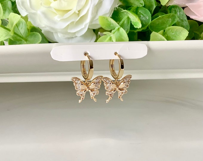 Butterfly earrings, Women's gold hoop earrings, 14 carat gold heart rings, women's Valentine's jewelry