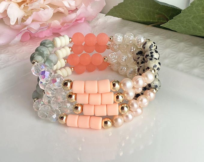 Bracelet  ajustable – Jaspe Peace & perles d’eau douce, bracelet couleur papaye et vert