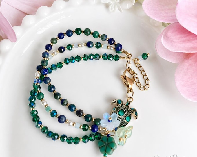 Bracelet triple rang Océan | Bracelet bleu turquoise et violet | Bracelet perles de verre | Bijou bord de mer | Cadeau femme fait main