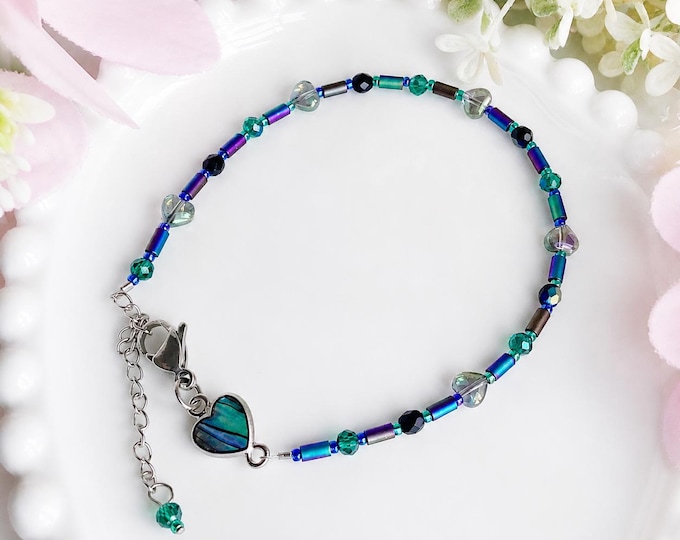 Bracelet cheville rang Océan | Bracelet bleu turquoise et violet | Bracelet perles de verre | Bijou bord de mer | Cadeau femme fait main