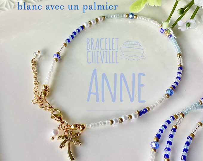 White pearl and blue palm tree ankle bracelet, Pearl ankle bracelet, stainless steel palm tree and white and blue pearl ankle jewelry