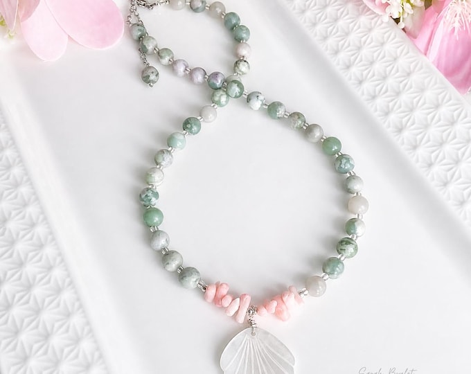 Collier en jaspe peace & pendentif coquillage en nacre