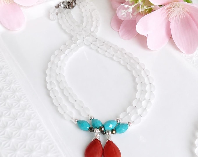 Bracelet perles de verre turquoise, rose corail, blanc, bijoux boho chic collection Essence Brute