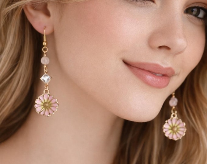 Boucles d’oreilles fleurs roses en acier inoxydable avec cascade de perles
