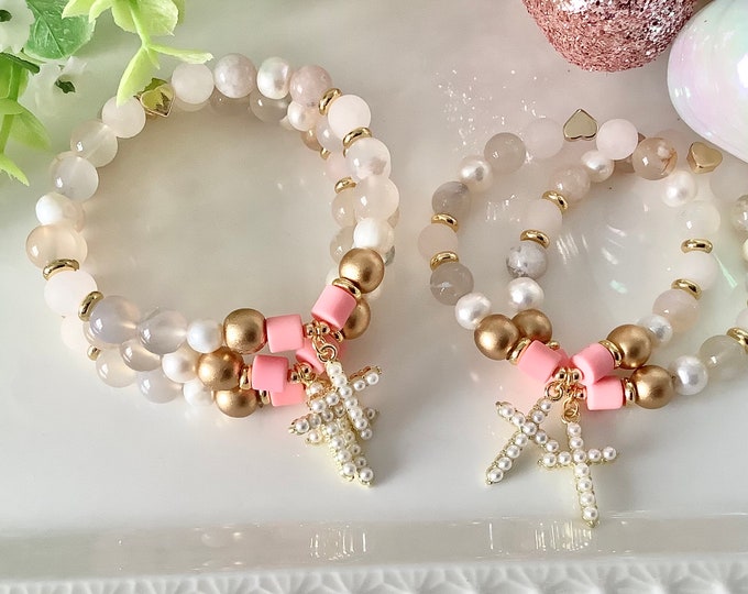 mother bracelet, mother gift, mother daughter gift, cracked quartz, white bracelet, mother daughter jewelry, white, pink, jade, rose quartz