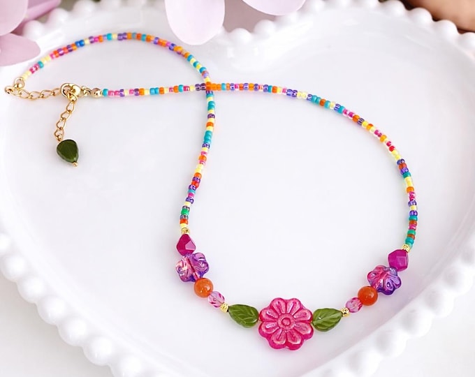 Collier ciel sauvage Collier fleur multicolore – Bijou ete perles colorees – Collier floral fait main – Cadeau femme – Bijou ete ajustable