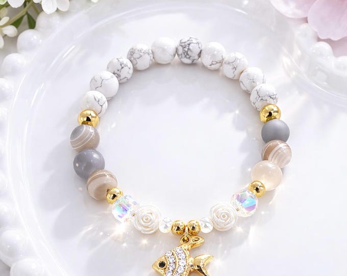 Bracelet en pierre agate et howlite Poisson