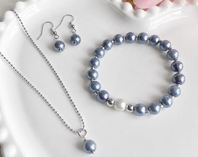 Ensemble bijoux bleu nacré et argent – Collier, bracelet et boucles d’oreilles – Bijoux faits main – Cadeau pour femme
