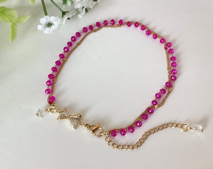 Zircon buckle ankle bracelet with fuschia pink crystal chain