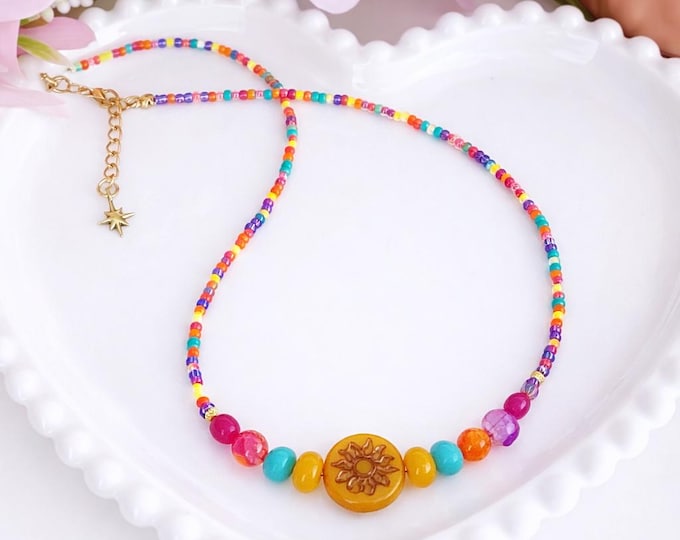 Collier ciel sauvage Collier fleur multicolore – Bijou ete perles colorees – Collier floral fait main – Cadeau femme – Bijou ete ajustable
