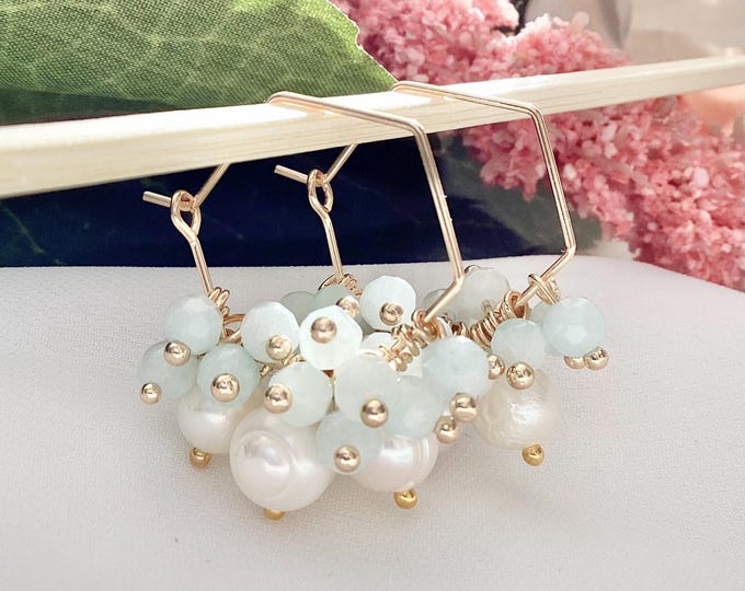Hexagonal earrings with a cascade of amazonite stones and freshwater pearls