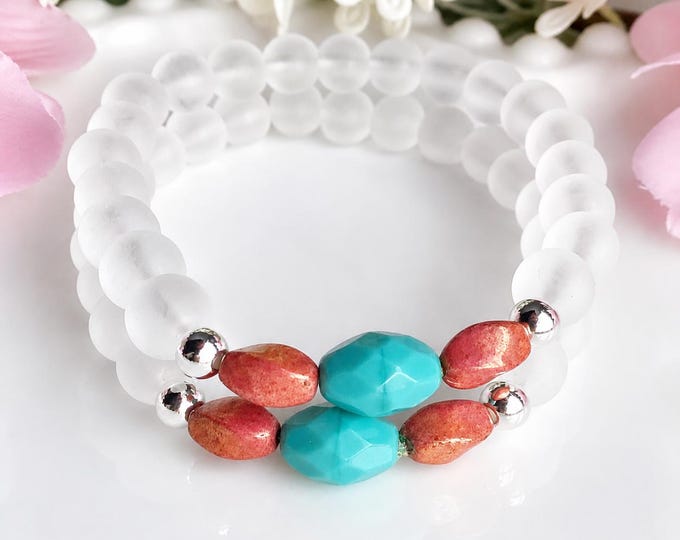 Bracelet perles de verre turquoise, rose corail, blanc, bijoux boho chic collection Essence Brute