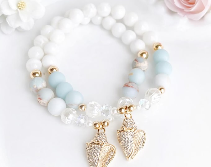 Bracelet en pierre aqua et nacre de perle coquillages