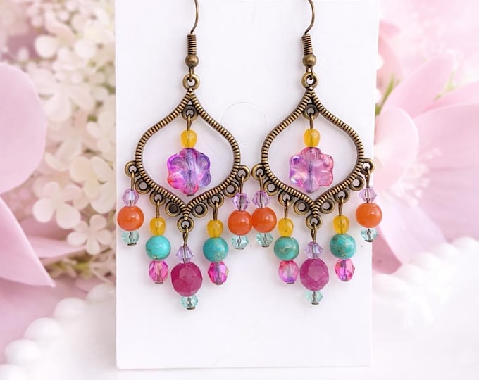 Boucle oreille ciel sauvage Collier fleur multicolore – Bijou ete perles colorees – Collier floral fait main – Cadeau femme – Bijou ete