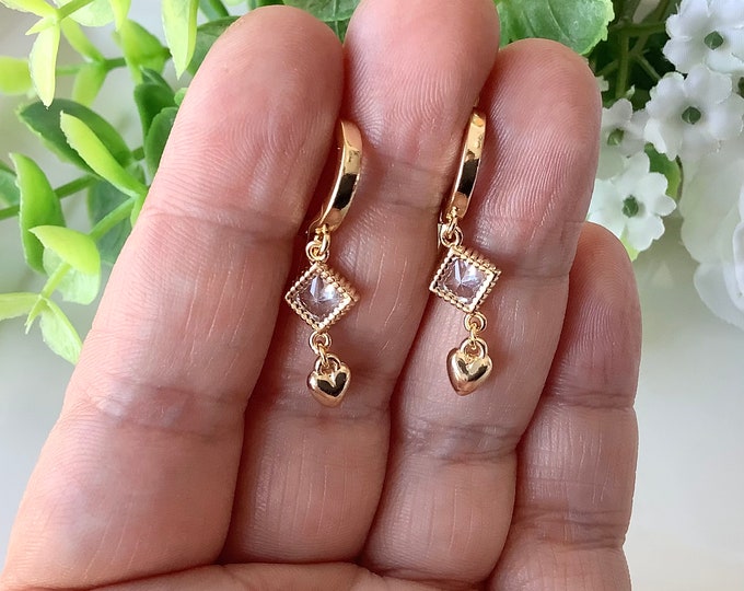 14-carat gold hoop earrings, zircon diamond and miniature heart
