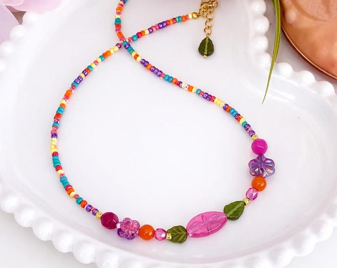 Collier ciel sauvage Collier fleur multicolore – Bijou ete perles colorees – Collier floral fait main – Cadeau femme – Bijou ete ajustable
