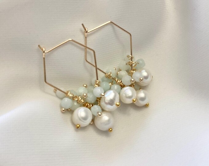 Diamond earrings with cascade of amazonite stones and freshwater pearls