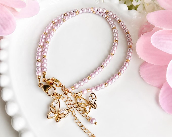 Bracelet de cheville papillon rose, perles nacrées roses, bijou de cheville bohème, cadeau femme, bracelet été, cheville ajustable