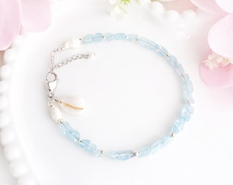 Bracelet cheville perle argent avec coquillages