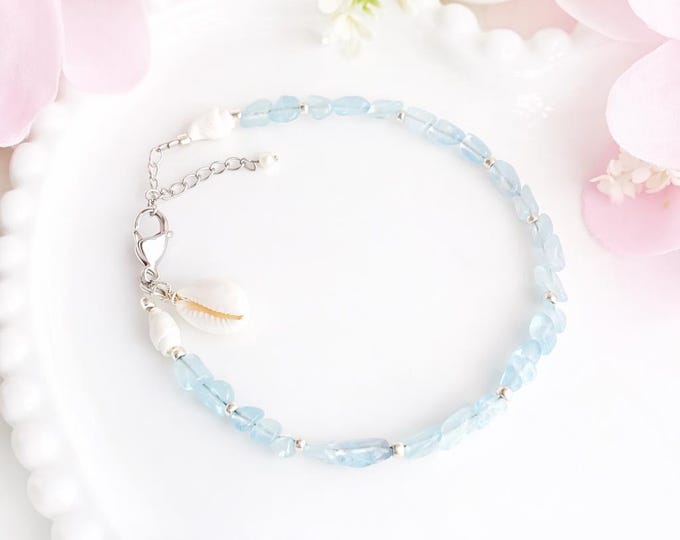 Bracelet cheville perle argent avec coquillages