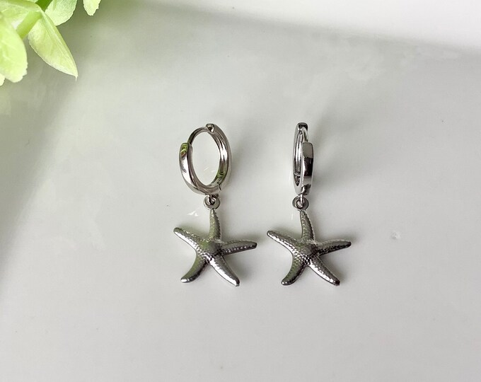 Mini gold and silver starfish hoop earrings