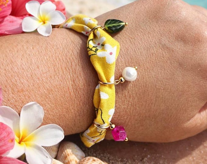Bracelet bandana ajustable jaune fleuri – Bracelet bohème chic été – Bijou vacances plage – Cadeau femme