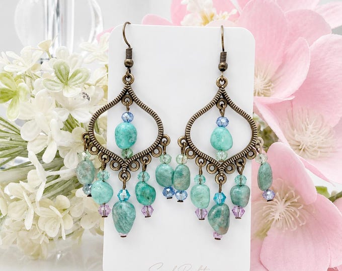 Boucles doreilles amazonite chandelier boheme perles