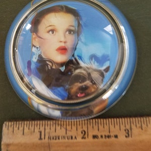 May include: A glass paperweight with a blue background and a picture of Dorothy from the Wizard of Oz holding a small black dog. The paperweight has a silver rim.