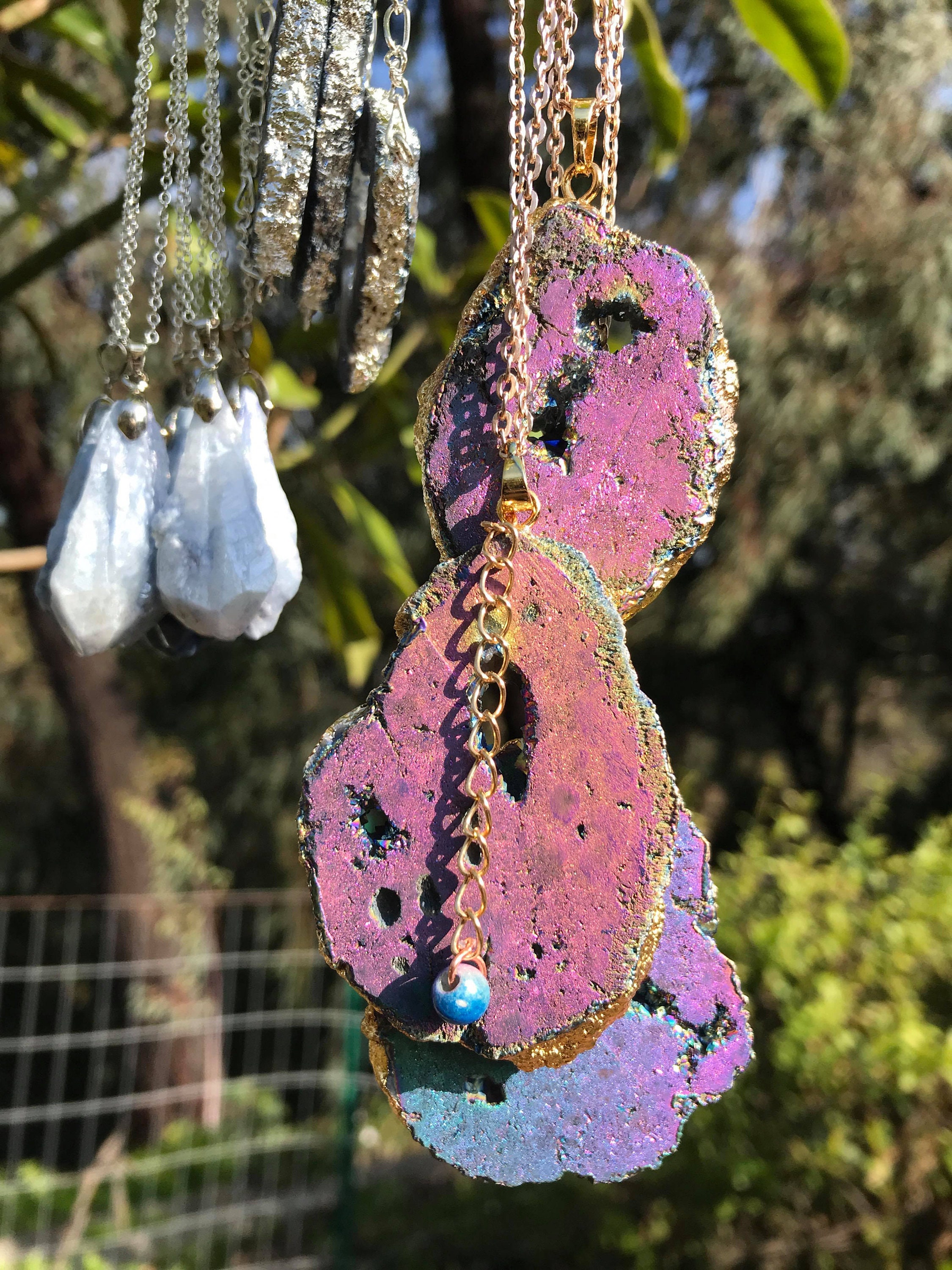 Rainbow Geode Geode Slice Pendant Blue Geode Necklace Etsy